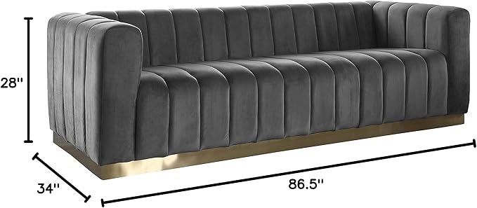 Meridian Furniture 603Grey-S Marlon Collection Modern | Contemporary Velvet Upholstered Sofa with Deep Channel Tufting, Stainless Steel Base in a Brushed Gold Finish, Grey, 86.5" W x 34" D x 28" H