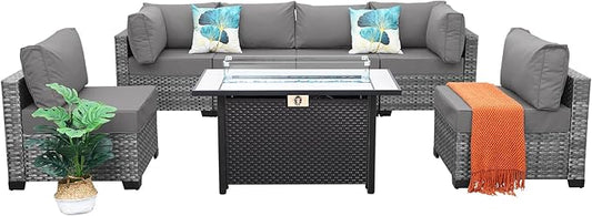 7 Pieces Wicker Patio Furniture Set Rattan Outdoor Sectional Conversation Sofa Set with Fire Pit Table Non-Slip Cushions and Furniture Cover, Light Grey