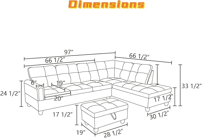 FONTOI L Shaped Sectional Couch with Otttoman, 97" Sectional Sofa for Living Room Flannel Modular Couches with Cup Holders for Bedroom, Apartments, Blue