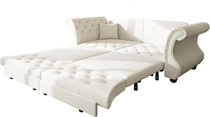 Eafurn Oversized 3-Seater Chesterfield Loveseat Convertible Queen Size Sleeper Couch Bed,Classic Tufted Velvet Pull Out Loveseat Sofa Bed with Roll Armrest and Solid Wood Legs
