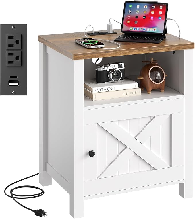 Marsail Farmhouse Nightstand with Charging Station, Wood Bedside Table with USB Port & AC Outlet, Open Shelf and Enclosed Cabinet, Side Table with Storage for Bedroom, Brown and White by Marsail