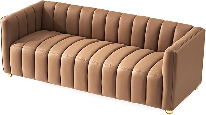 Direct Glam Fabric Upholstered Solid Wood Frame 82.7" Art Deco Sofa for Living Room, Office, Sophisticated 3 Seater Couch, Brown