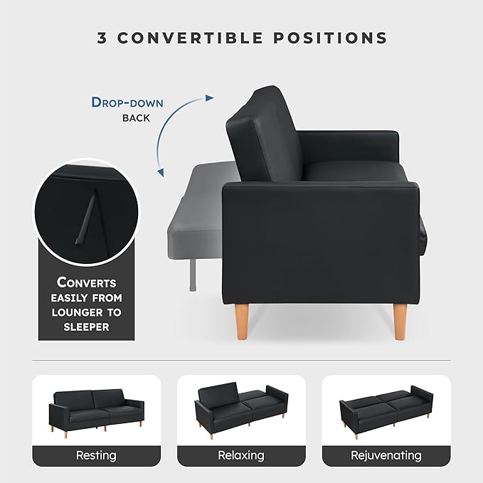 Lexicon 79"W Convertible Futon Sofa Bed, Loveseat, Faux Leather Upholstered Couch Sleeper, Adjustable Backrests, Padded Pocket Coil, Solid Wood Legs for Living Room, Bedroom, Apartment, Office, Black
