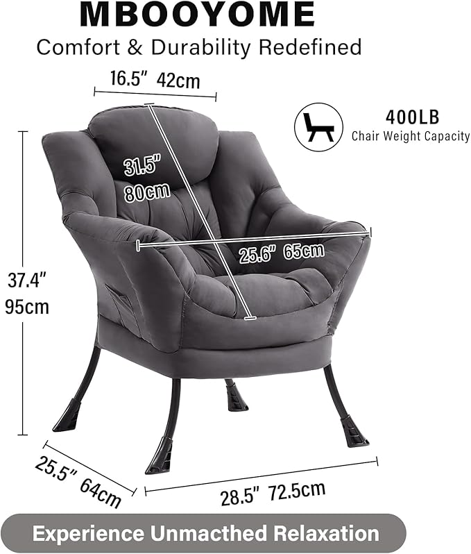 MBOOYOME Lazy Chair, Modern Accent Chair with Armrests, Side Pocket & Metal Frame, Comfy Leisure Chair for Living Room, Bedroom, Dorm & Office, Dark Grey