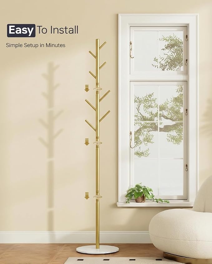 Coat Rack with 8 Hooks, 3 Adjustable Heights, Modern Hall Tree, Sturdy Metal Clothes Stand with Sintered Stone Base for Entryway, Office, Bedroom, for Coats, Hats, Handbags and Scarves, Gold - Image 7