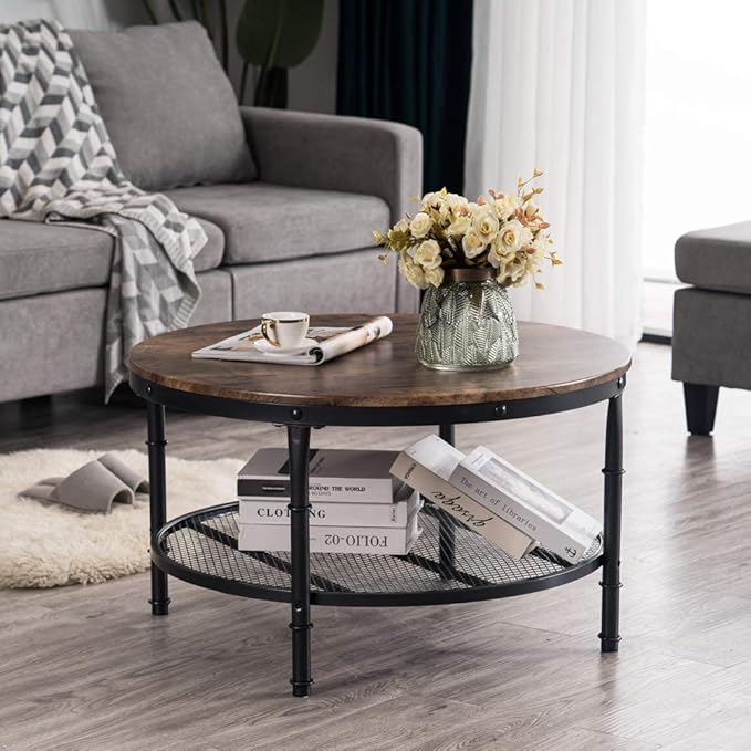 VINGLI Round Coffee Table with Storage - 31.5" Rustic Farmhouse Design, Industrial Style with Metal Shelf