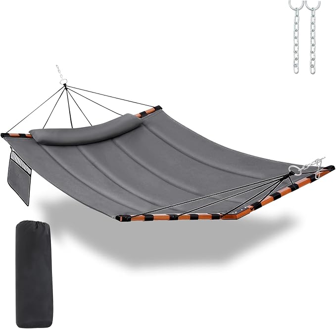 TegerDeger 12FT 2 Person Hammock Large Hammock 450LB Capacity with V Shaped Hardwood Spreader Bar & Nylon Rope for Outside, Patio, Garden, Backyard, Beach, Poolside - Gray by Tegerdeger