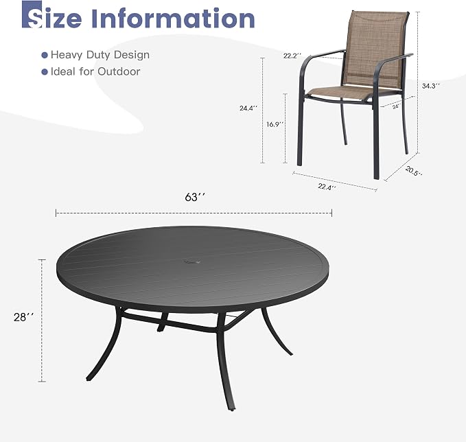 VICLLAX Round Outdoor Dining Set, Patio Table and Chairs Set Set of 10 Patio Stackable Chairs and 63" Outdoor Round Table with Umbrella Hole for Backyard Lawn Garden, Brown Chairs and Black Table - Image 7