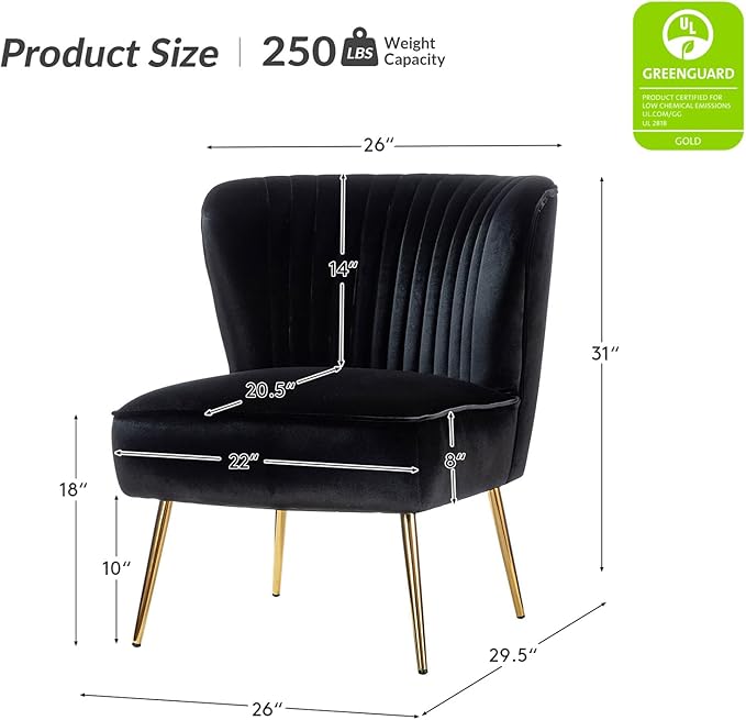 HULALA Home Velvet Accent Chair Set of 2, Modern Armless Upholstered Side Chair with Glam Gold Metal Legs for Vanity Living Room Bedroom - Black