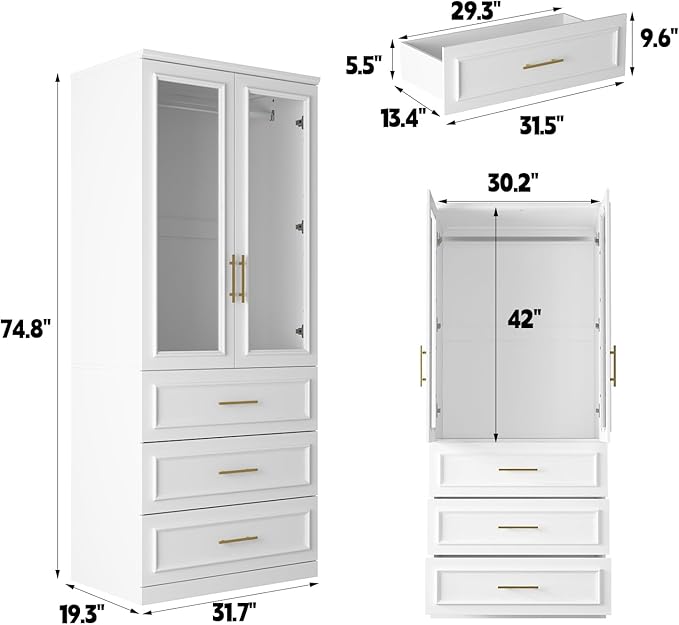FUFU&GAGA Wardrobe Closet with Glass Doors, 3 Drawers, Modern White Bedroom Armoire with Gold Handles, Modern Clothes Storage Cabinet with Shelf, Hanging Rod, 31.7”W x 19.3”D x 74.8”H