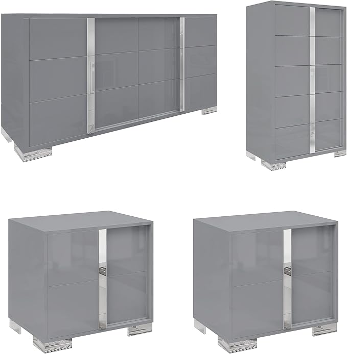 AMERLIFE 4 Piece Bedroom Dresser Set, Modern High Gloss UV Finish, 2 Nightstands, Chest of 5 Drawers & 6-Drawer Dresser, Electroplated Metal Handles, Bedroom Furniture Set, Grey