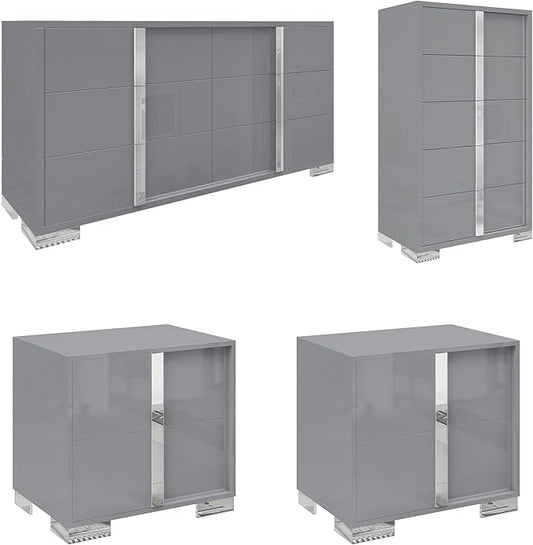 AMERLIFE 4 Piece Bedroom Dresser Set, Modern High Gloss UV Finish, 2 Nightstands, Chest of 5 Drawers & 6-Drawer Dresser, Electroplated Metal Handles, Bedroom Furniture Set, Grey