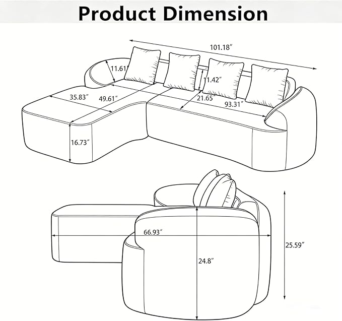 L Shaped Compression Sofa, Modular Couch with Curved Armrests & 4 Coordinating Pillows, Modern 101'' Chenille 4 Seater Sofa with Wide Seat for Living Room, Bedroom, No Assembly, Yellow