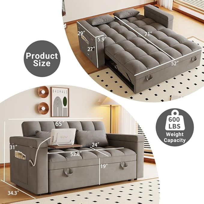 Convertible Sofa Bed, 5-in-1 Pull Out Couch with Side Table, Loveseat Sleeper Sofas Bed Couch with USB Port, 65‘’ Velvet Pull Out Sofa Beds for Living Room, Bedroom, Apartment