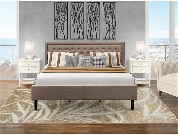 East West Furniture KD16K-2VL0C 3 Piece Wooden Bedroom Set - 1 Modern Bed Frame Brown Linen Fabric Padded and Button Tufted Headboard with 2 Night Stand - Wire Brushed Butter Cream Finish Nightstand