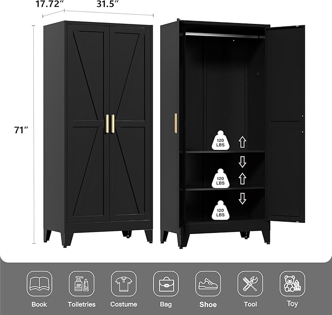LCAOPC 71" Tall Metal Wardrobe Closet with Adjustable Shelves and Hanging Rod, 2 Doors Free Standing Armoire Wardrobe Cabinet for Bedroom, Office, Laundry Room, Black
