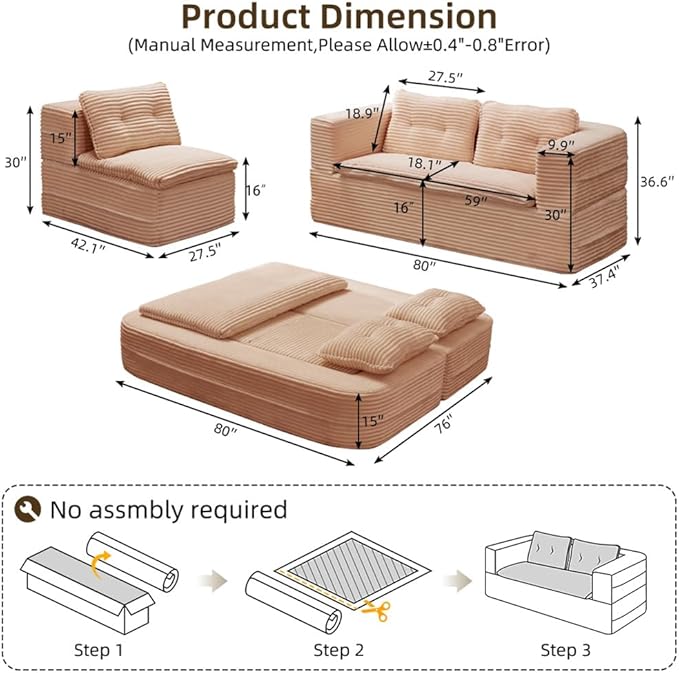 80" Convertible Sectional Sofa Bed, 3-in-1 Folding Floor Couch with Convertible Chaise Lounge, Plush Corduroy Sleeper Sofa for Living Room and Bedroom, No Assembly Required (Dusty Pink)