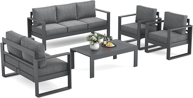 Outdoor Aluminum Furniture Set - 5 Pieces Modern Patio Conversation Sets Metal Sectional Sofa with Coffee Table