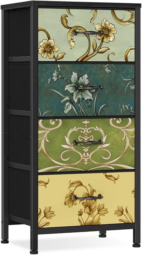 Furnulem 4 Drawer Dresser, Vertical Nightstand for Kids, Adult, Fabric Chest of Drawers for Bedroom, Living Room, Closet, Nusery, Storage Tower Unit Retro Style Furniture, Wood Desk Top by Furnulem