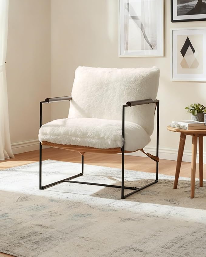 Karl home Modern Accent Chair Plush Fleece Upholstered Living Room Chair with Metal Frame Wooden Armrest Comfy Lounge Armchair for Living Room, Bedroom, Balcony, Reading Room, Creamy