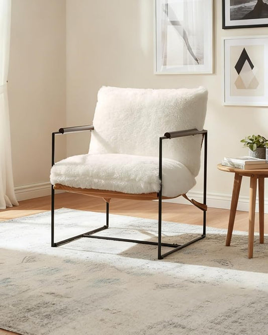 Karl home Modern Accent Chair Plush Fleece Upholstered Living Room Chair with Metal Frame Wooden Armrest Comfy Lounge Armchair for Living Room, Bedroom, Balcony, Reading Room, Creamy