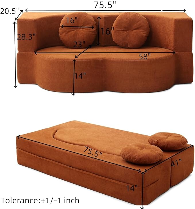 KEIKI 2-in-1 Folding Sofa Bed with Pillow, Queen Sleeper Sofa, Floor & Futon Loveseat Couch, Foam Folding Mattress for Living Room, Guest Use, Office, Apartment, No Assembly Required, Orange