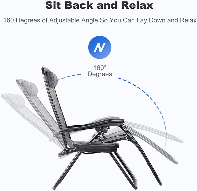 Nazhura Set of 2 Relaxing Recliners Patio Chairs Adjustable Steel Mesh Zero Gravity Lounge Chair Beach Chairs with Pillow and Cup Holder(Grey) - Image 4
