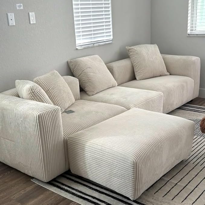 Acanva Corduroy Convertible Modular L Shaped Sectional Sofa, 4 Seater Free Combination Corner Couch, Convertible to DayBed, Wide Loveseat with Moveable Ottomans for Small Spaces, Sleeper Bed, White
