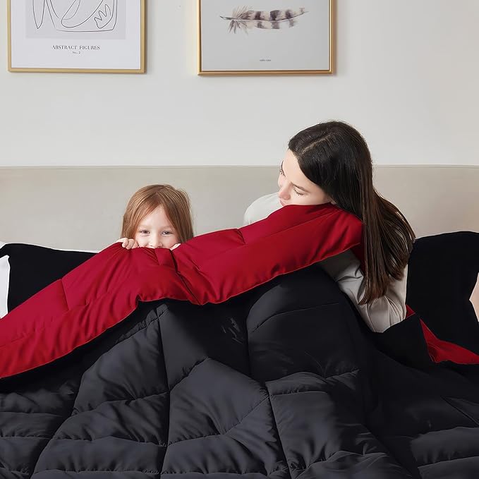 Nestl 3 Piece Quilted Down Alternative Comforter California King Size with 2 Pillow Shams, Red/Black All Season Duvet Inserts Cal King Size Comforter with Corner Tabs