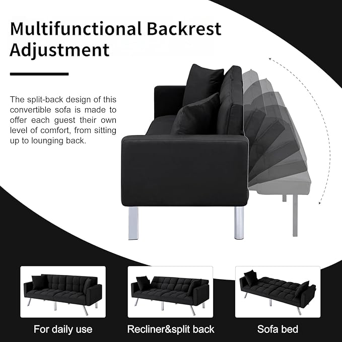 Convertible Futon Sofa Bed, 74 Inch Sleeper Couch Bed with Velvet Upholstery, Sofa Couch with Adjustable Backrest Pillows, Square Tufted Design for Living Room Home Office, Black