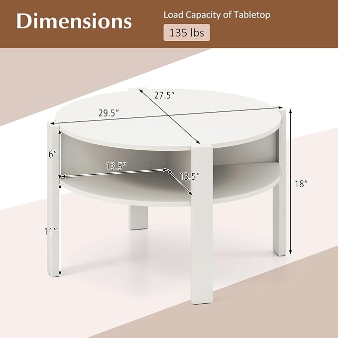 Tangkula Round Coffee Table, 29.5” 2-Tier Circle Cocktail Center Table with Storage Shelves, for Small Spaces, Living Room (White)