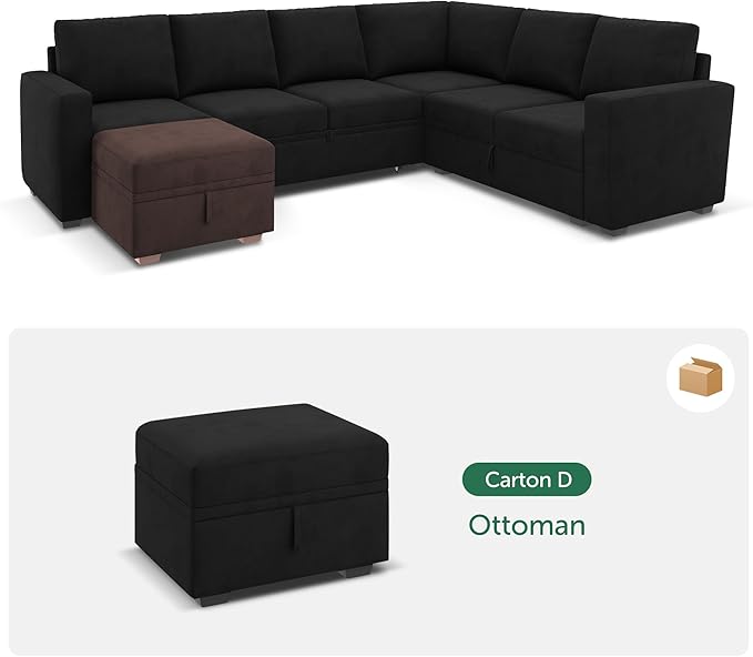 HONBAY Storage Ottoman Module for Sectional Sleeper Sofa with Pull Out Bed, Movable Footrest Ottoman for Modular Couch, Velvet Black