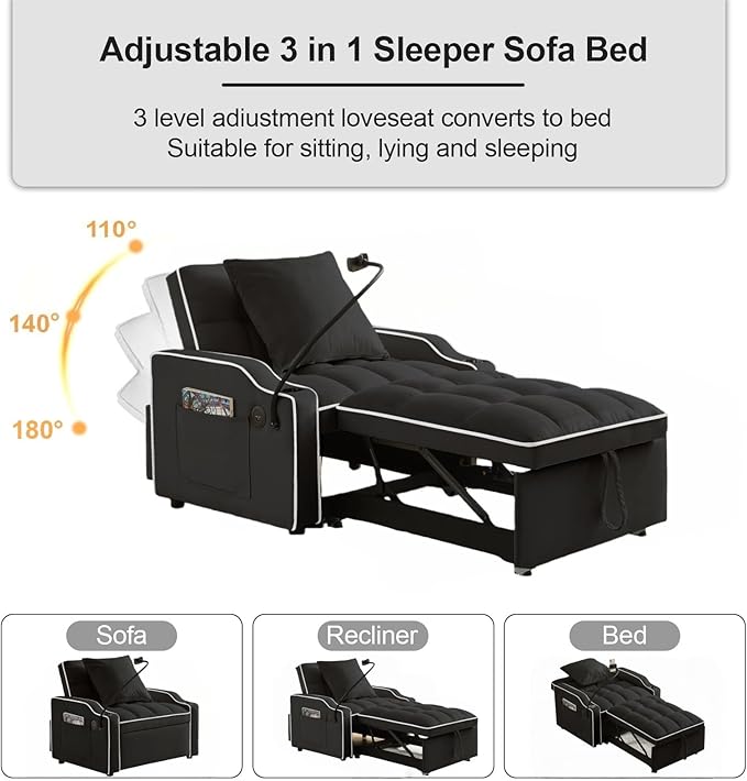 3 in 1 Convertible Sleeper Sofa Bed with Phone Holder, 35'' Pull Out Sofa Bed Recliner with Adjustable Backrest, Velvet Fabric Sleeper Couch Single Modern Chair for Small Space & RV, Black