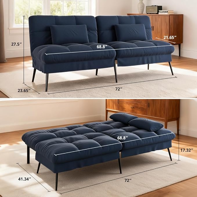 COMHOMA Convertible Sofa Bed,72″Fabric Couch with Adjustable Backrest,Loveseat Recliner Sleeper Living Room Furniture futon Set (Blue)