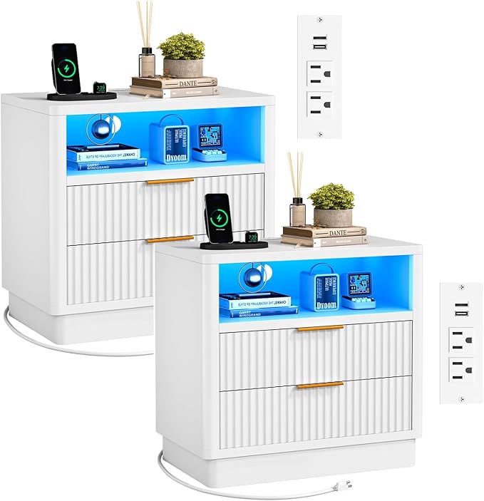 ELYKEN White Fluted Nightstand Set of 2, 24" Wide Night Stand with Charging Station & LED Light, Wooden Bedside Table with 2 Drawer & USB for Bedroom Living Room by ELYKEN