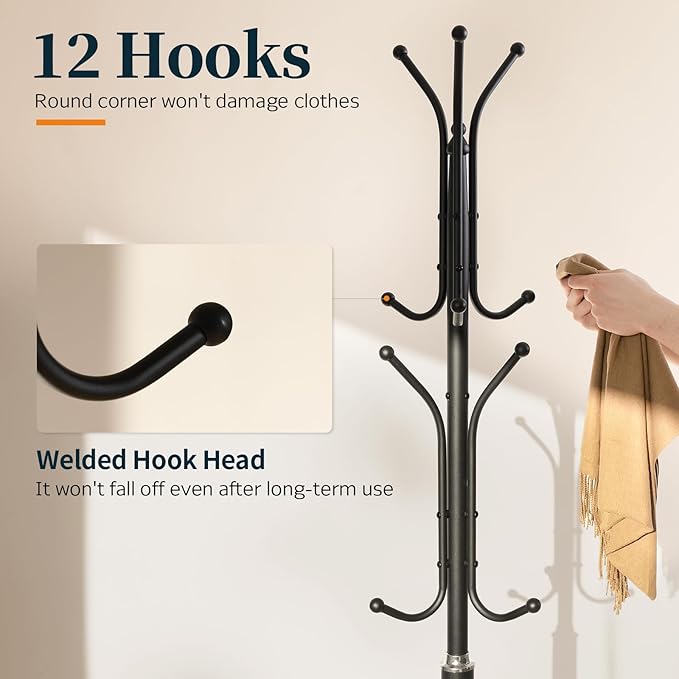 Yoobure Metal Coat Rack Freestanding with Marble Base, Coat Tree with 12 Hooks & Umbrella Holder, Coat Hanger Stand for Corner Entryway Bedroom Office, Heavy Duty Coat Rack Stand for Clothes Hats Bags - Image 4