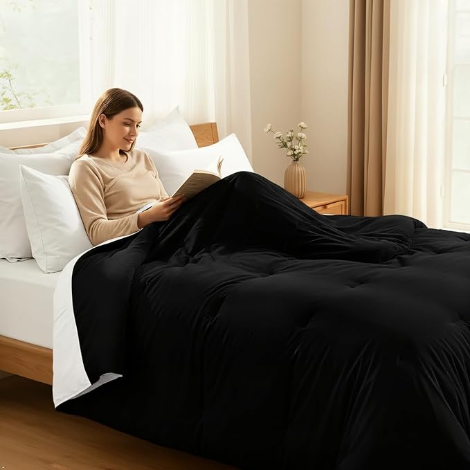Comforters Oversized Queen Size, All Season Quilted Bed Comforter, Ultra-Soft Down Alternative Duvet Insert with 4 Tabs, Lightweight Bedding Blanket - Machine Washable, Black