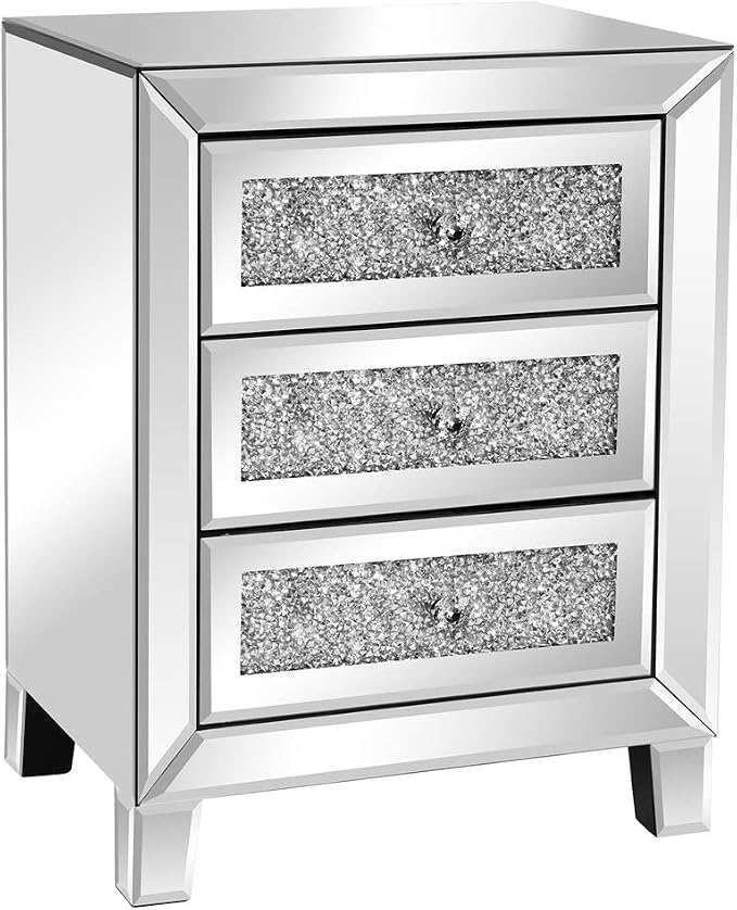 VINGLI Mirrored Nightstand with 3 Drawers Modern End Table Bed Side Table with Mirrored Finish, 17.72-inch W x 13.78-inch D x 23.62-inch H, Silver by VINGLI