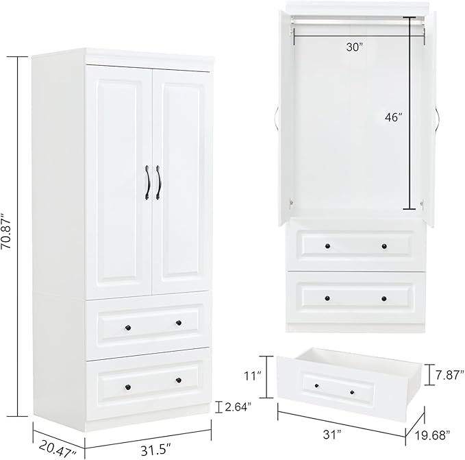 Armoire Wardrobe Closet with 2 Doors, White Cabinet with 2 Drawers and Clothes Storage Organizer, Modern Style with Hanging Rod Shleves Suitable for Bedroom(32" W x 20.5" D x 70.87" H)