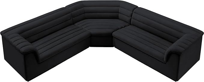 Meridian Furniture 194Black-Sectional Cascade Collection Modern | Contemporary Modular Sectional with Soft Black Velvet Fabric, Deep Channel Tufting, Curved Arms, 148" W x 80" D x 28" H, Black