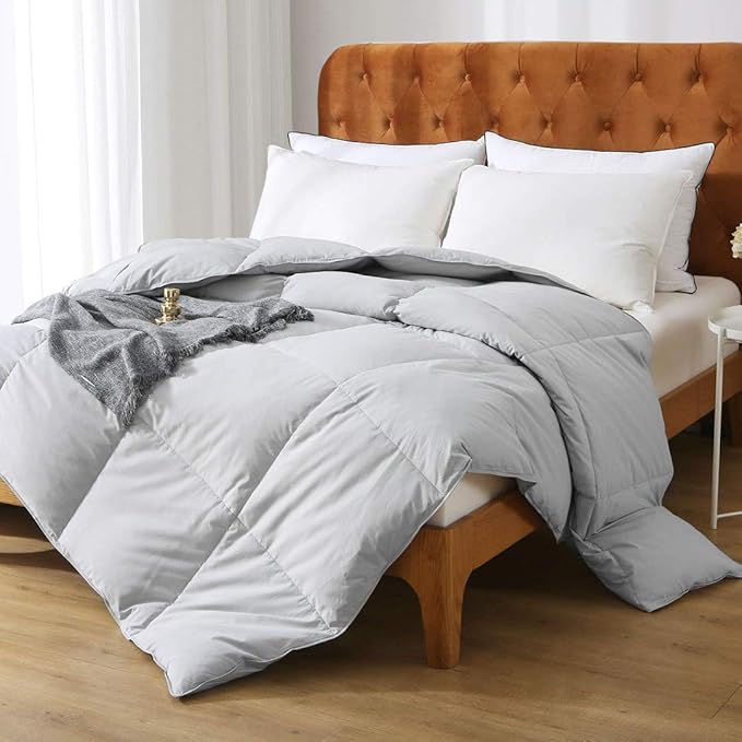 Gray Feathers Down Comforter Full/Queen - 100% Organic Cotton Cover, Medium Warm All Seasons Machine Washable Duvet Insert with Tabs (90x90, Mirage Grey)