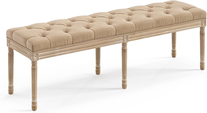 LUE BONA 60" Fabric End of Bed Bench, Upholstered Tufted French Bedroom Bench with Carved Legs for Bedroom End of King Size Bed, Living Room, Wheat by LUEBONA