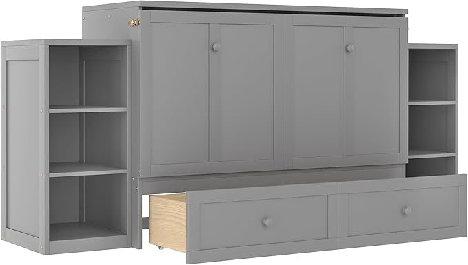 Bellemave Full Size Murphy Bed, Cabinet Bed with 2 Shelves and Storage Drawers, Farmhouse Murphy Cabinet, Noisy Free, for Guest Bedroom, Living Room, Office, Light Gray
