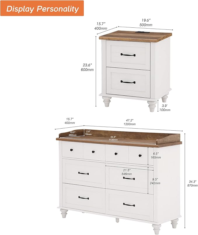 WAMPAT 3 Piece Dresser and Nightstand Sets, White Dresser & Chests of Drawers with 6 Drawers and Metal Handle, Mid-Century Modern Set of 2 End Tables with Charging Station, 3 Piece Bedroom Set