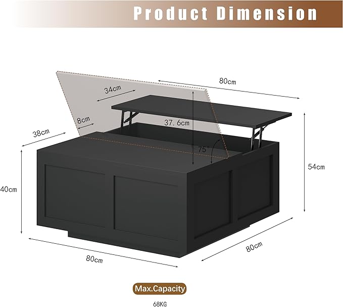 Lift Top Coffee Table with Storage, 31.5" Square Black Coffee Table with Large Hidden Storage, Wood Living Room Table Center Table for Living Room Dining Reception Room