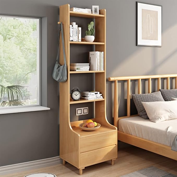 IOTXY Oak Bedside Table Bookshelf - 71" Tall Free Standing Wooden Open Shelf Bookcase with Drawers and 4-Shelves for Bedroom, Bed Side End Table, Nightstand by IOTXY
