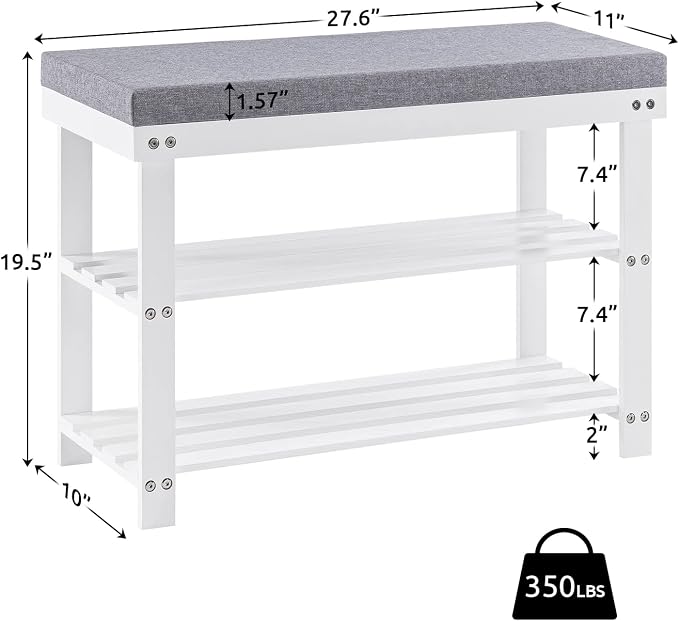 Apicizon 3-Tier Shoe Rack for Entryway, Bamboo Shoe Bench with Cushion Padded Seat, Small Shoe Organizer with Storage for Indoor Entrance Hallway Bedroom Living Room, White - Image 3