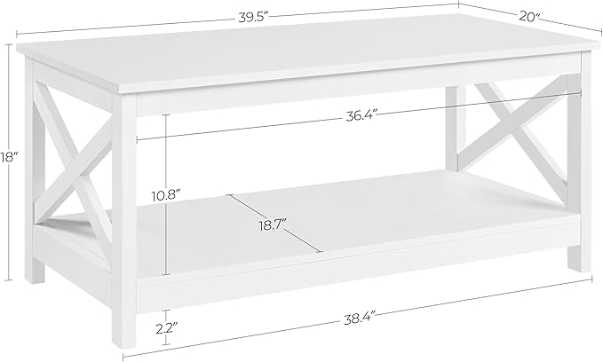 Yaheetech Wood 2-Tier White Coffee Table with Storage Shelf for Living Room, X Design Accent Cocktail Table, Simple Design Home Furniture, 39.5 x 20 x 18 Inches