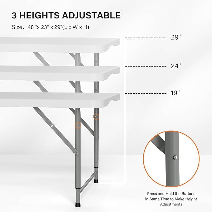 VINGLI 4 FT Plastic Folding Camping Table,3-Level Adjustable Height, Portable in/Outdoor Party Picnic Dining Desk, Garden Soccer Multipurpose Entertaining Activities，White - Image 4