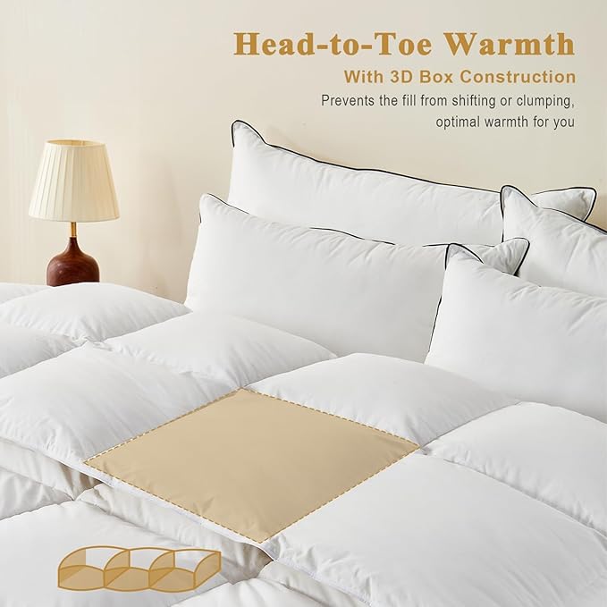 TOPGREEN Organic Feather Down Comforter Full Size, Luxury Extra-Fluffy Duvet Insert, All Season Bed Comforter with Ultra-Soft Organic Cotton Case (82x86 Inch, Ivory White)